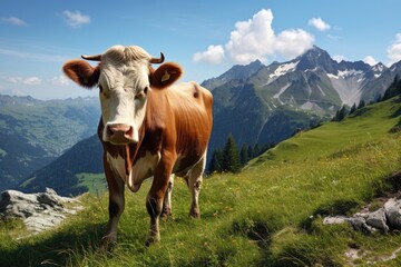 Fototapeta na wymiar a cow is eating grass in the mountains Generative AI