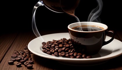 Cup of coffee and coffee beans in burlap sack on old wooden background.