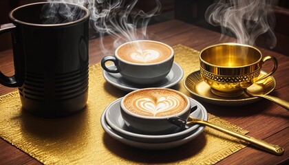 Cup of coffee and coffee beans in burlap sack on old wooden background.