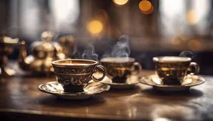 Cup of coffee and coffee beans in burlap sack on old wooden background.
