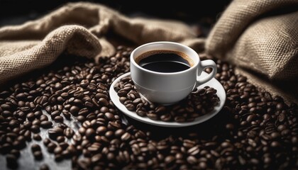 Cup of coffee and coffee beans in burlap sack on old wooden background.