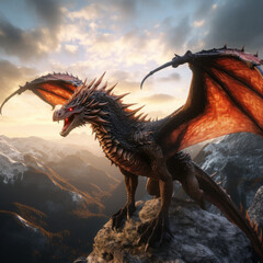 Flying dragon with wings, mountain terrains, at sunset