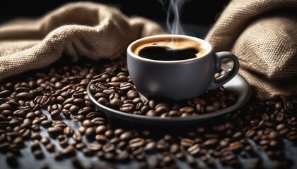 Cup of coffee and coffee beans in burlap sack on old wooden background.