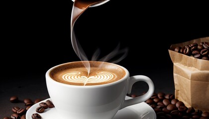 Cup of coffee and coffee beans in burlap sack on old wooden background.