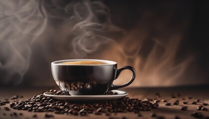 Cup of coffee and coffee beans in burlap sack on old wooden background.