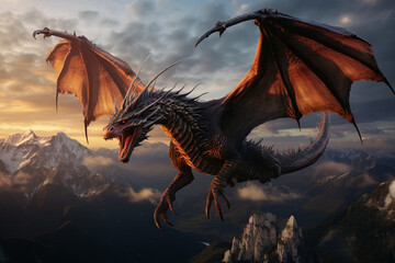 Flying dragon with wings, mountain terrains, at sunset - 633520186
