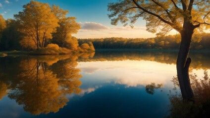 Obraz premium a lake with trees and a blue sky