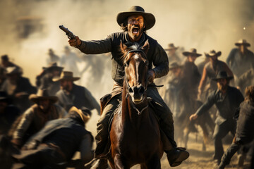Fototapeta premium Cowboy riding on a horse and firing his gun