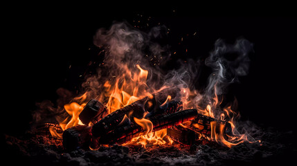Fototapeta na wymiar Bonfire with red-hot coals. Smoke, sparks. On a dark background. Generative AI technology.