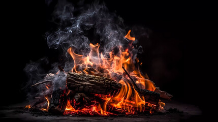 Bonfire with red-hot coals. Smoke, sparks. On a dark background. Generative AI technology.