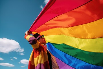 A spectator waves a gay rainbow flag at an LGBT gay prid