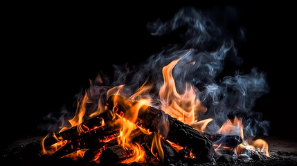 Bonfire with red-hot coals. Smoke, sparks. On a dark background. Generative AI technology.