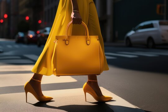 A woman walking down the street with a yellow purse
