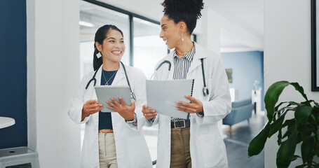 Talking doctors, walking or tablet in busy hospital, teamwork or collaboration for surgery...