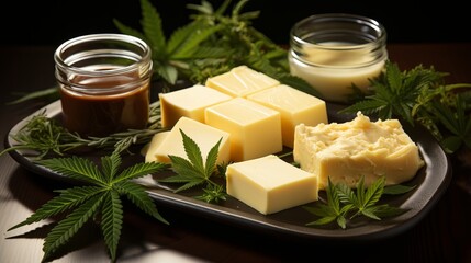 Hemp butter is a vegetable oil derived from cannabis. Ingredient for making coffeeshop desserts. Concept: Legalization of soft drugs.