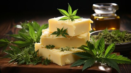 Hemp butter is a vegetable oil derived from cannabis. Ingredient for making coffeeshop desserts. Concept: Legalization of soft drugs.