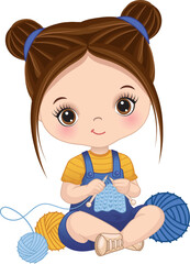 Vector Cute Little Girl Knitting