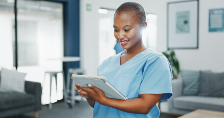 Happy woman or black doctor face in busy hospital with tablet for healthcare services, leadership...