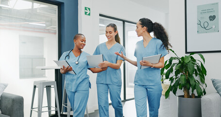 Talking nurses, walking and documents in hospital teamwork, diversity collaboration or bonding on...