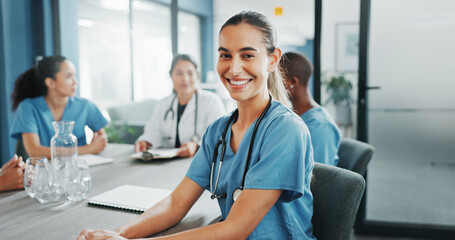 Woman, face or nurse in hospital meeting for medical planning, life insurance medicine or treatment training. Smile, happy or healthcare worker portrait in teamwork, collaboration or clinic diversity