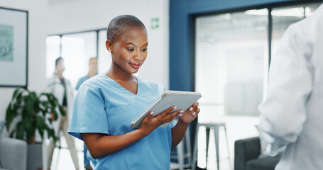 Happy woman or black doctor face in busy hospital with tablet for healthcare services, leadership...