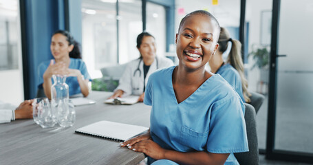 Black woman, face or nurse in hospital meeting for medical planning, life insurance medicine or...