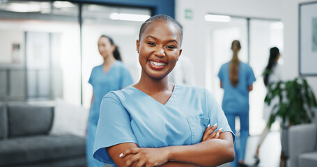 Nurse, face or arms crossed in busy hospital for about us, medical life insurance or wellness...