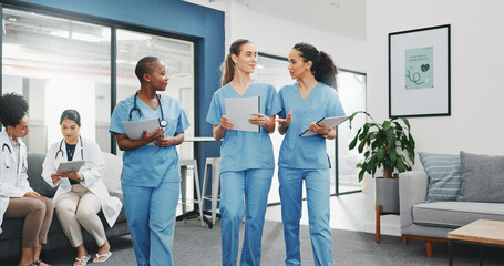 Talking nurses, walking and documents in hospital teamwork, diversity collaboration or bonding on...