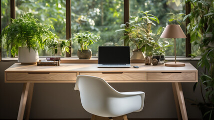 A minimalist and elegant home office with a wooden desk