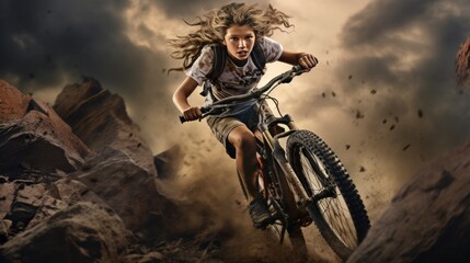 Fototapeta na wymiar Girl riding bike in mountains