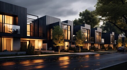 Modern condo townhouses in evening