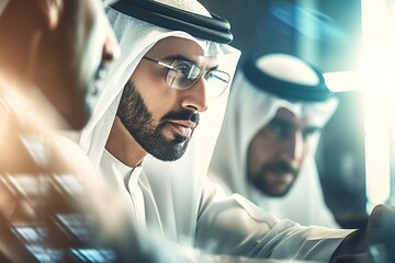 Portrait of Arab middle aged man wearing traditional while clothes with his business partners.