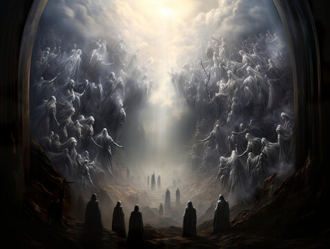 Illustration of angels descending Mount Hermon in mutual conjuration. Fallen angels on top of Mount Hermon. Gods of the past.