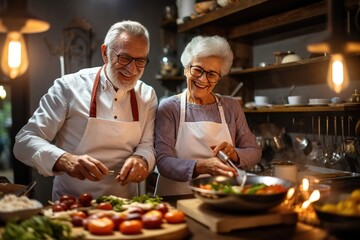 Senior couple preparing healthy food in the kitchen. - Powered by Adobe
