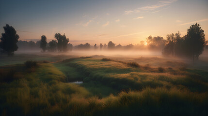 Fototapeta premium Morning dew on clearing: fog and dusk over green wild grass fields covered by trees under rising sun