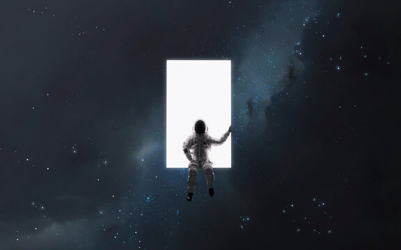 3D illustration of astronaut sitting in space door. 5K realistic science fiction art. Elements of image provided by Nasa