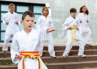 Fototapeta na wymiar Boy in white kimono during training karate exercises at summer outdoors