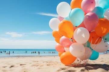 Playful Moments by the Sea: Colorful Balloons Stock Imagery