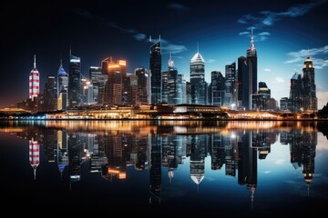 Nighttime cityscape with illuminated buildings - stock photography