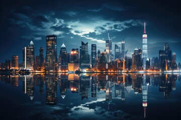 Fototapeta na wymiar Nighttime cityscape with illuminated buildings - stock photography