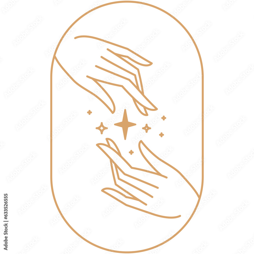 Poster Vector abstract logo design template in trendy linear minimal style - hands with moon and stars - symbol for cosmetics, jewellery, beauty and handmade products, tattoo studios and services 