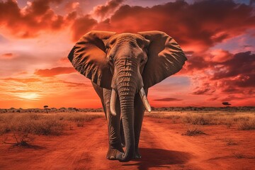 Elephant on beautiful red sunset in natural environment.