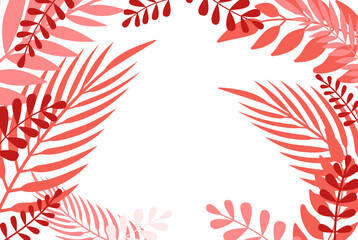 Obraz premium Vector in trendy flat and linear style - abstract simple background in trendy living coral color with leaves and plants and copy space for text - floral banner, cover design, poster