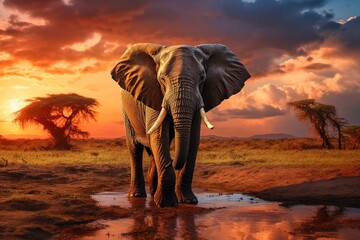 Fototapeta na wymiar Elephant on beautiful sunset in natural environment.