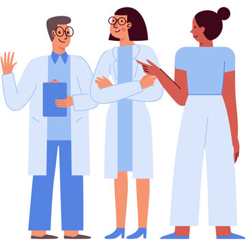 Vector illustration in flat linear style with characters  - medical team - group of doctors and nurses standing together - hospital staff and health insurance concept for web banners and hero images