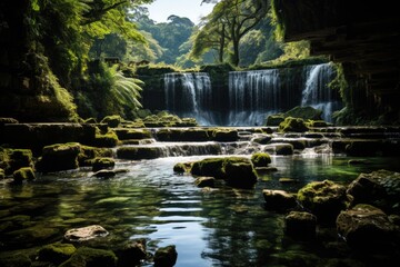 Waterfall amidst lush scenery - stock photography