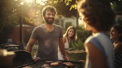 Young family is grilling at the barbecue