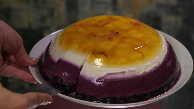 cooking jelly cakes with berries at home pour layers of delicious dessert beat in a blender. smooth with a tablespoon in a plastic container delicious dessert pour blueberry jelly mousse