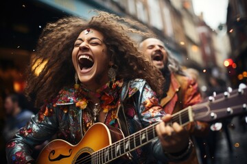 Obraz premium Musicians performing at a lively street carnival - stock photography