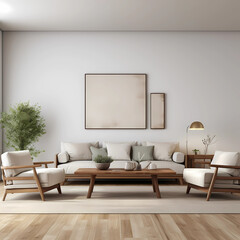 Cozy interior of living room with couch, wooden aesthetic, modern decor, minimalistic